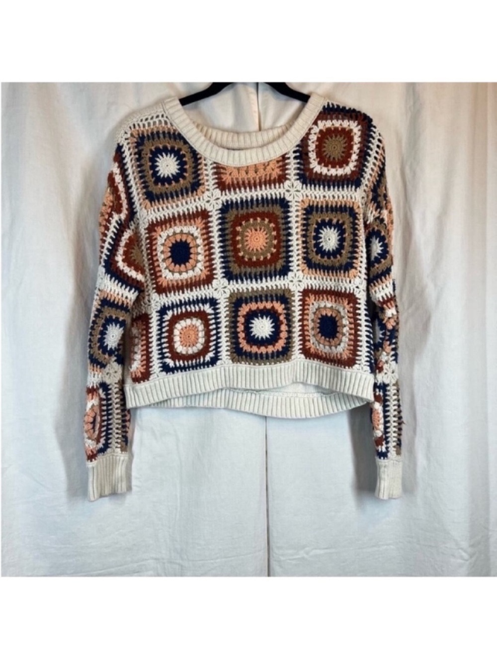 American eagle granny square crochet knit sweater boxy semi crop